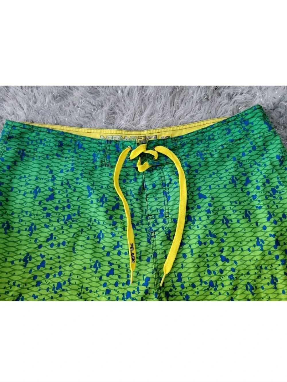 Pelagic Board Shorts Swim Trunks Green Yellow Dorado Swimsuit Pockets Fish 40